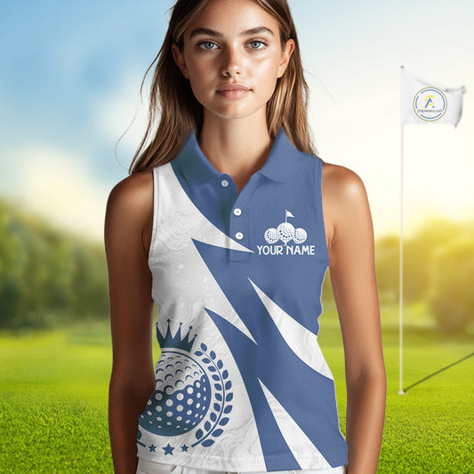 Womens Sleeveless Golf Polo Shirts Custom Name Navy Blue And White Golf Shirt, Golf Attire NBT671