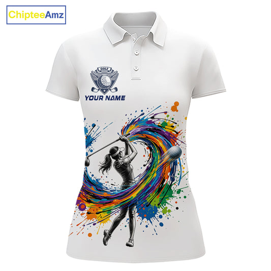Womens Golf Polo Shirt Watercolor Golfer Golf Pattern Custom Name White Golf Shirt, Golf Gifts NBT685