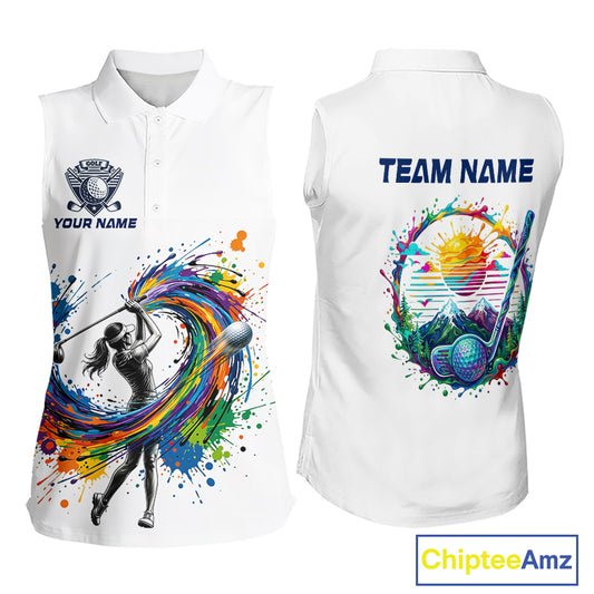 Womens Golf Polo Shirt Watercolor Golfer Golf Pattern Custom Name White Golf Shirt, Golf Gifts NBT685