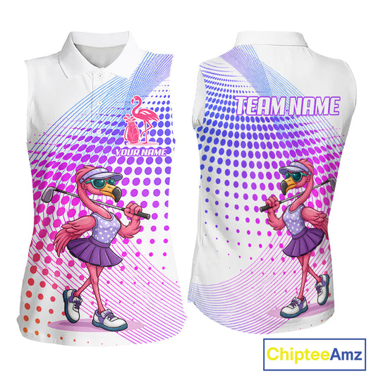 Custom Name Funny Flamingo Womens Sleeveless Golf Polo Shirts, Golf Gifts For Ladies, Flamingo Lovers NBT540