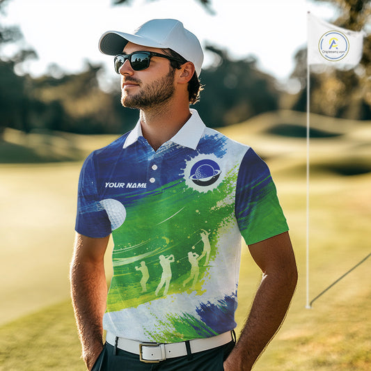 Mens Golf Polo Shirts Custom Name Blue And Green Golf Shirt, Tournament Golf Tops For Mens NBT546