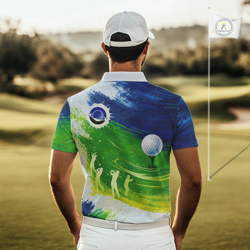 Mens Golf Polo Shirts Custom Name Blue And Green Golf Shirt, Tournament Golf Tops For Mens NBT546