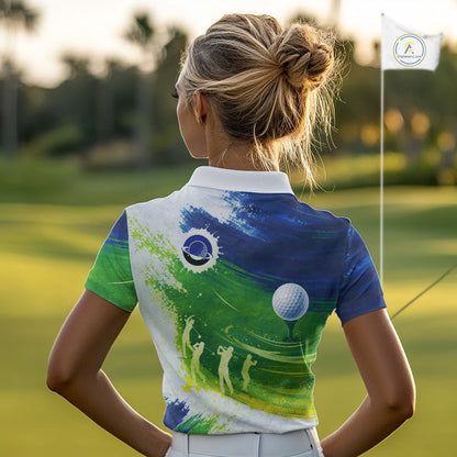 Womens Golf Polo Shirts Custom Name Blue And Green Golf Shirt, Tournament Golf Tops For Ladies NBT546