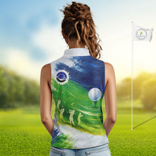 Load image into Gallery viewer, Womens Sleeveless Golf Polo Shirts Custom Name Blue And Green Golf Shirt, Tournament Golf Tops For Womens NBT546