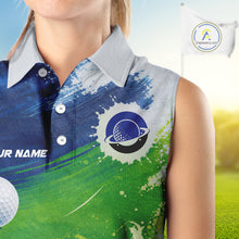 Load image into Gallery viewer, Womens Sleeveless Golf Polo Shirts Custom Name Blue And Green Golf Shirt, Tournament Golf Tops For Womens NBT546