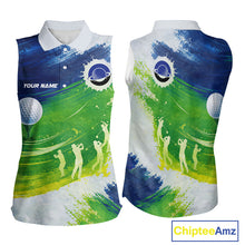Load image into Gallery viewer, Womens Sleeveless Golf Polo Shirts Custom Name Blue And Green Golf Shirt, Tournament Golf Tops For Womens NBT546