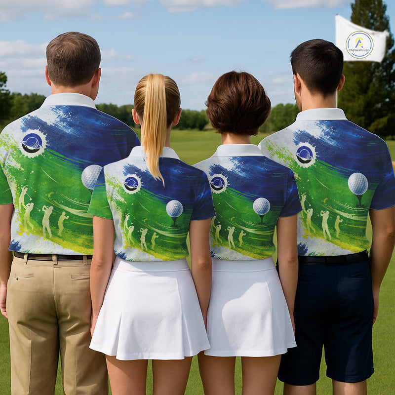 Mens Golf Polo Shirts Custom Name Blue And Green Golf Shirt, Tournament Golf Tops For Mens NBT546