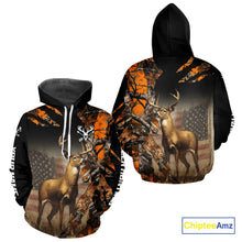 Load image into Gallery viewer, Deer Hunting Shirt Orange Forest Camo US Flag Custom Name Hoodie, Long Sleeve For Men NBT256