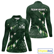 Load image into Gallery viewer, Front and back views of a womens green argyle pattern long sleeve golf polo shirt, chest name text, and team name on the back.