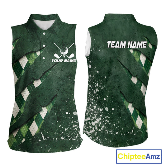 Front and back views of a womens green argyle pattern sleeveless golf polo shirt, name text on the chest and team name on the back.