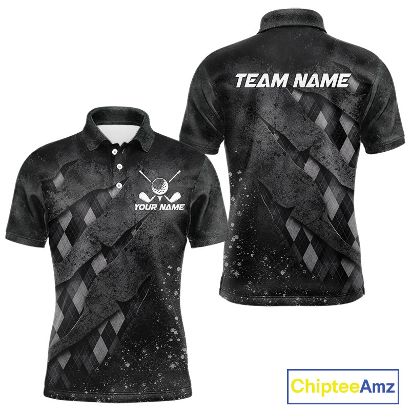 Front and back views of a gray argyle plaid pattern golf polo shirt, chest name text, and team name on the back.