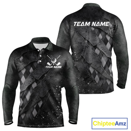 Front and back views of a gray argyle plaid pattern long sleeve golf polo shirt, chest name text, and team name on the back.