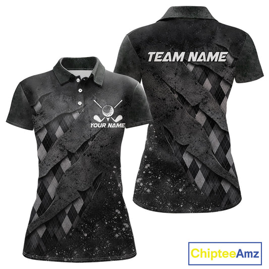 Front and back views of a womens gray argyle pattern golf polo shirt, chest name text, and team name on the back.