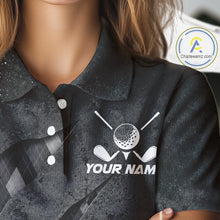 Load image into Gallery viewer, Close-up fabric detail of lightweight 100% polyester quick-dry golf polo shirt with golf clubs graphic and "Your Name" on the chest.