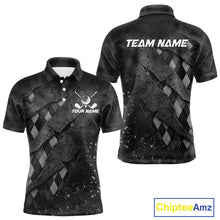 Load image into Gallery viewer, Front and back views of a gray argyle plaid pattern golf polo shirt, chest name text, and team name on the back.