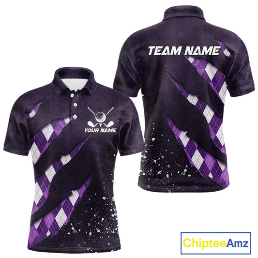 Front and back views of a purple argyle plaid pattern golf polo shirt, chest name text, and team name on the back.