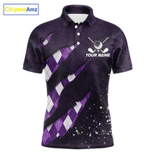 Load image into Gallery viewer, Front views of a purple argyle plaid pattern golf polo shirt, chest name text.