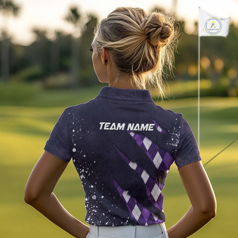 A woman wearing a green argyle golf polo shirt with “Team Name” on the back.