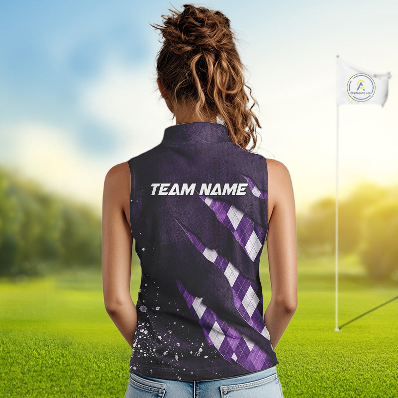A woman wearing a green argyle sleeveless golf polo shirt with “Your Name” on the back.