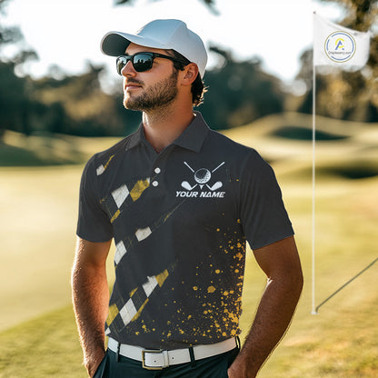 A golfer man in a golf course wearing a black, yellow argyle plaid pattern golf polo shirt with “Your Name” and a golf course graphic on the chest.