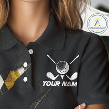 Load image into Gallery viewer, Close-up fabric detail of lightweight 100% polyester quick-dry golf polo shirt with golf clubs graphic and "Your Name" on the chest.