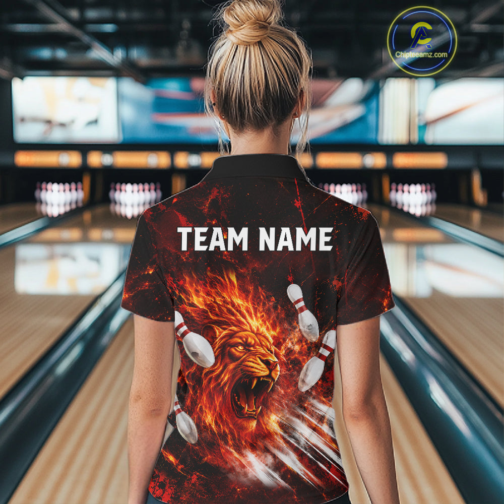 Bowler wearing Red Flame Lion Custom Men Bowling Polo Shirts Bowling League Shirts - back view 