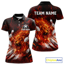 Load image into Gallery viewer, Front and back view of Red Flame Lion Custom Men Bowling Polo Shirts Bowling League Shirts with personalized name