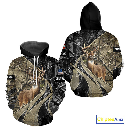 Whitetail Deer Hunting Brown and Black Camo Shirts with US Flag, Personalized Hunting Shirt NBT101