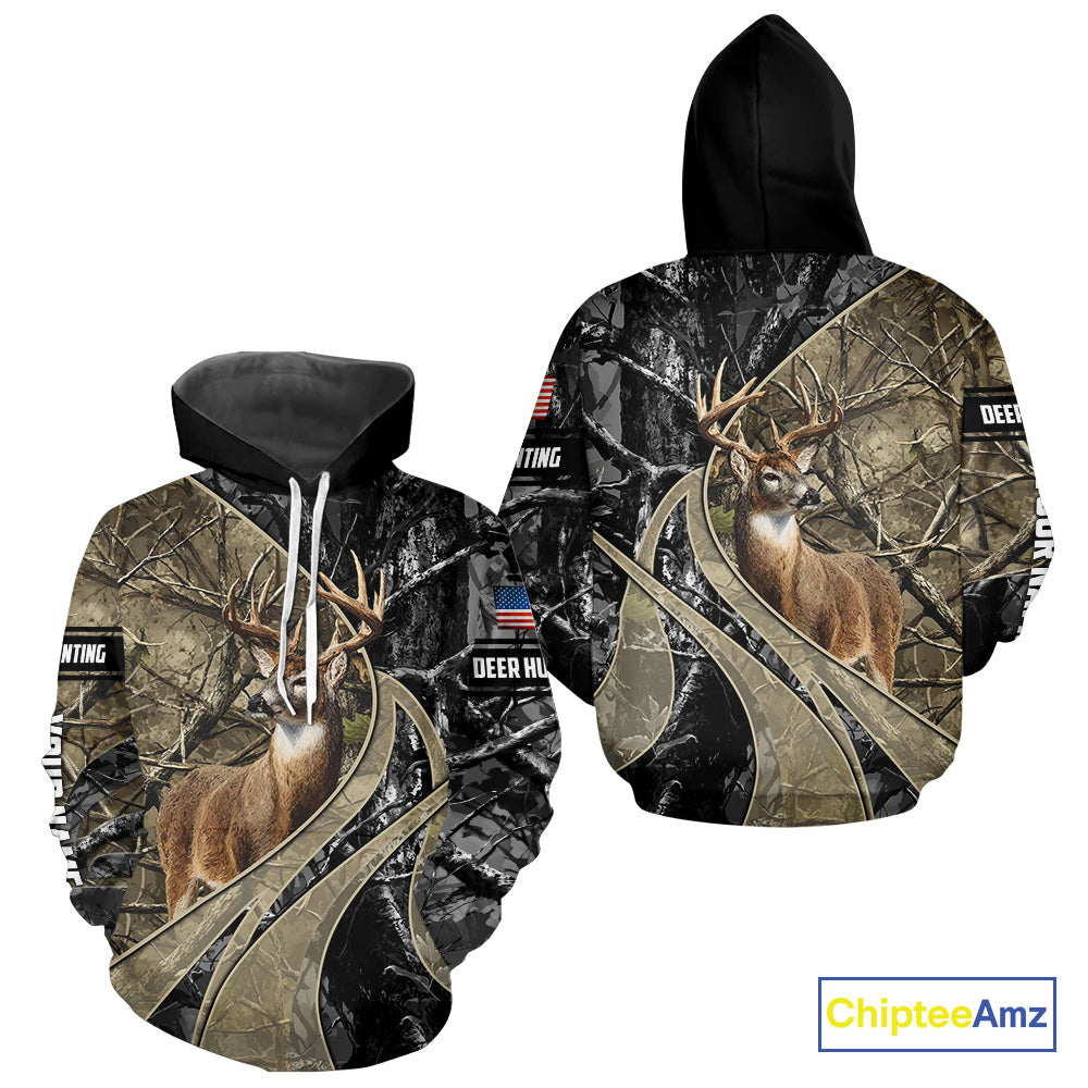 Whitetail Deer Hunting Brown and Black Camo Shirts with US Flag, Personalized Hunting Shirt NBT101