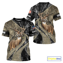 Load image into Gallery viewer, Whitetail Deer Hunting Brown and Black Camo Shirts with US Flag, Personalized Hunting Shirt NBT101