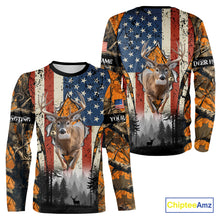 Load image into Gallery viewer, Whitetail Deer Hunting Big Game US Flag Custom Name Orange Camo Shirts, Personalized Deer Hunting Clothing NBT265