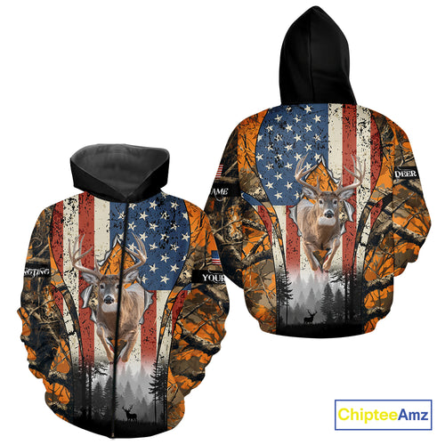 Whitetail Deer Hunting Big Game US Flag Custom Name Orange Camo Shirts, Personalized Deer Hunting Clothing NBT265
