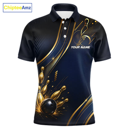 Navy Blue And Gold Mens Bowling Polo & 1/4 Quarter Zip Shirts, Bowling Team Tournament Jerseys NBT959