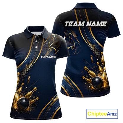 Navy Blue And Gold Womens Bowling Polo & 1/4 Quarter Zip Shirts, Bowling Team Tournament Jerseys NBT959