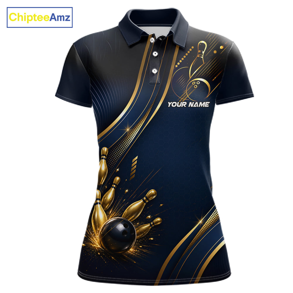 Navy Blue And Gold Womens Bowling Polo & 1/4 Quarter Zip Shirts, Bowling Team Tournament Jerseys NBT959