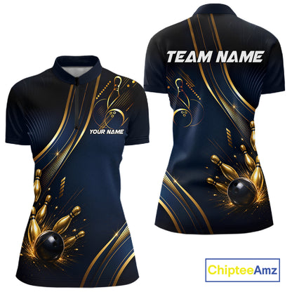 Navy Blue And Gold Womens Bowling Polo & 1/4 Quarter Zip Shirts, Bowling Team Tournament Jerseys NBT959
