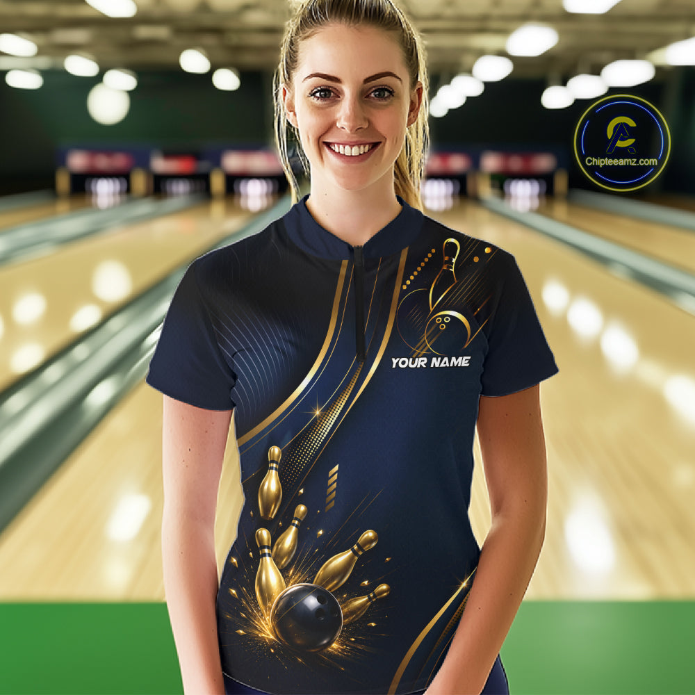 Navy Blue And Gold Womens Bowling Polo & 1/4 Quarter Zip Shirts, Bowling Team Tournament Jerseys NBT959