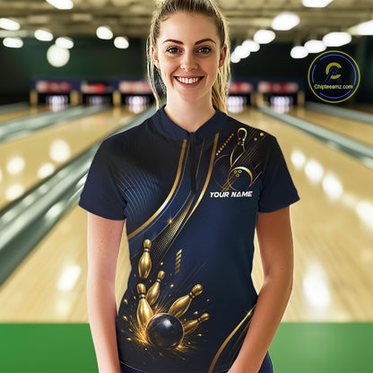 Navy Blue And Gold Womens Bowling Polo & 1/4 Quarter Zip Shirts, Bowling Team Tournament Jerseys NBT959