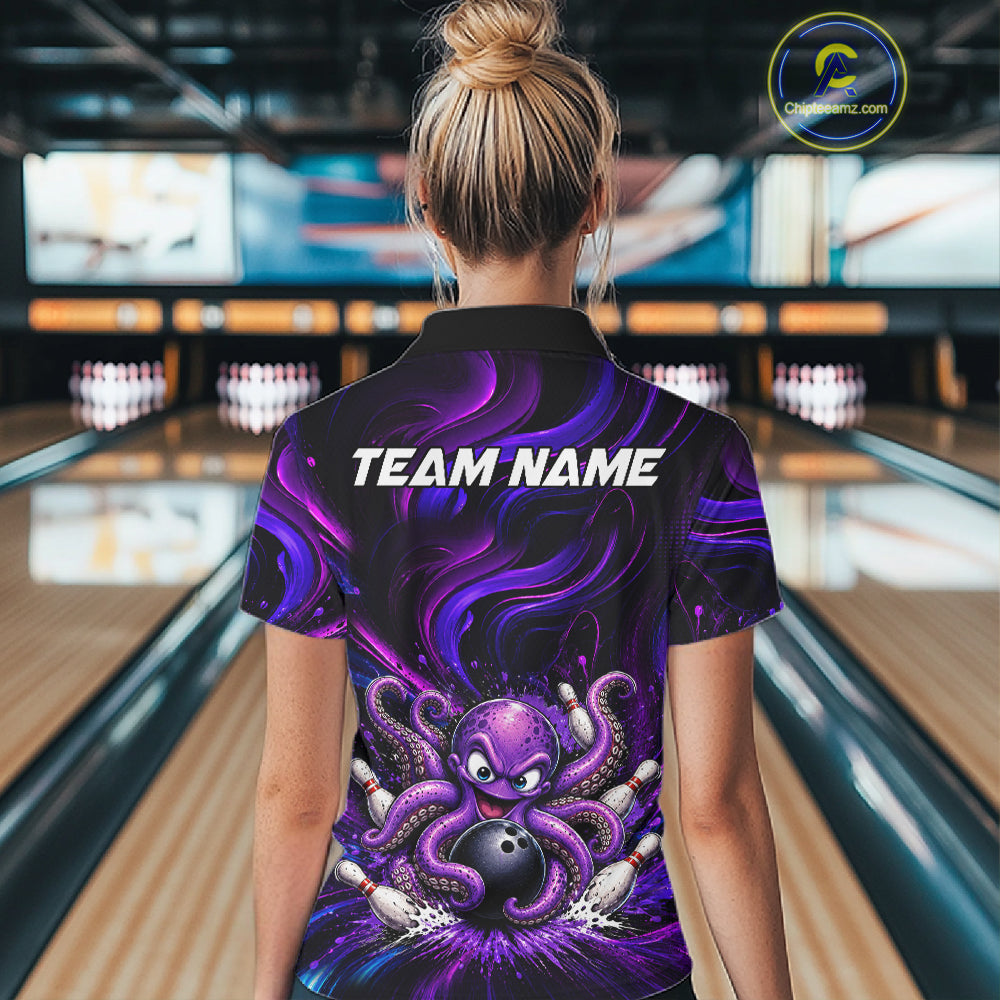 Funny Purple Octopus Bowling Polo & Quarter Zip For Women, Custom Bowling Team Shirt Bowling Jersey NBT960
