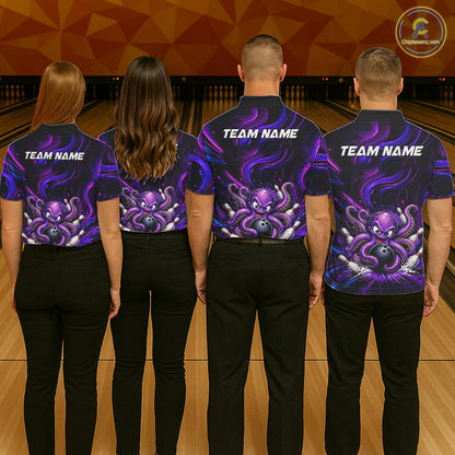 Funny Purple Octopus Bowling Polo & Quarter Zip For Women, Custom Bowling Team Shirt Bowling Jersey NBT960