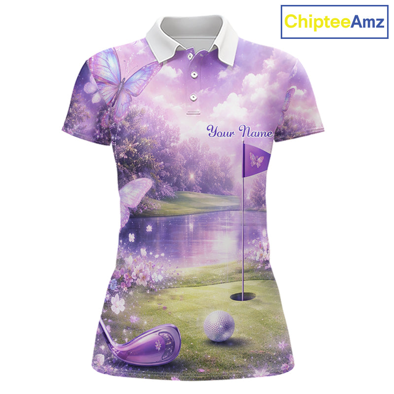 Purple Butterfly Womens Long Sleeve Golf Polo Shirt Custom Name Floral Colorful Golf Shirts NBT557