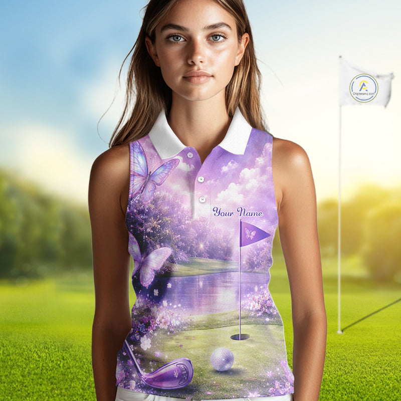 Purple Butterfly Womens Sleeveless Golf Polo Shirt Custom Name Floral Colorful Golf Shirts NBT557