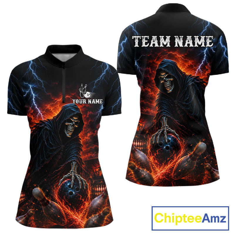 Custom Grim Reaper Lightning Bowling Shirt For Women, Skull Bowling Jersey Team Polo & 1/4 Zip Shirt NBT963
