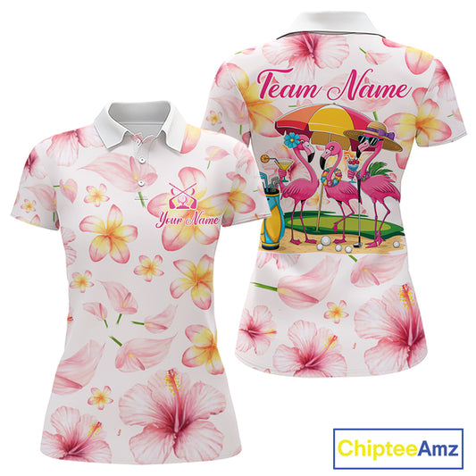 Custom Pink Tropical Flower Funny Flamingo Womens Golf Polo Shirts, Funny Golf Shirts For Ladies NBT565