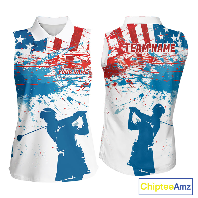 American Flag Womens Sleeveless Golf Polo Shirt Custom Ladies Golf Shirts US Flag Golf Polo Shirt NBT568