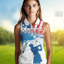Load image into Gallery viewer, American Flag Womens Sleeveless Golf Polo Shirt Custom Ladies Golf Shirts US Flag Golf Polo Shirt NBT568