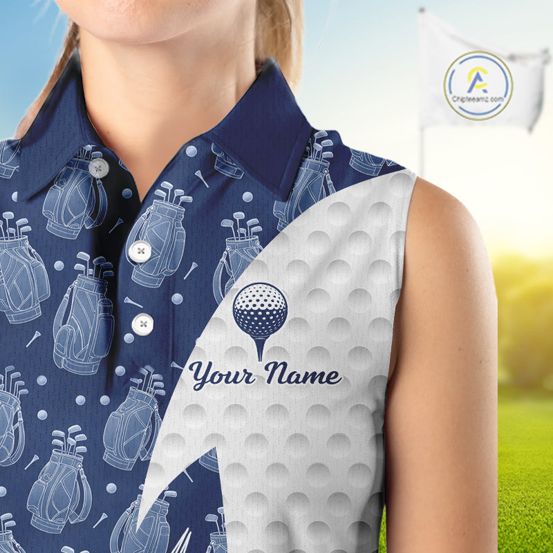Blue Golf Pattern Sleeveless Polo Golf Shirt For Women Custom Mens Golf Clothes, Best Golf Gifts NBT571