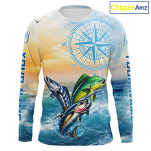 Load image into Gallery viewer, Front view of personalized mahi mahi wahoo tuna blue performance fishing shirt