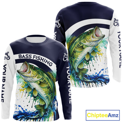 Custom Bass Fishing Shirts Long Sleeve Blue Camo Color Paint, Bass Fishing Shirts NBT461