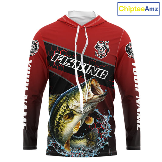 Largemouth Bass Hooded Fishing Shirts Red Camo Custom Name, Bass Fishing Shirts NBT463